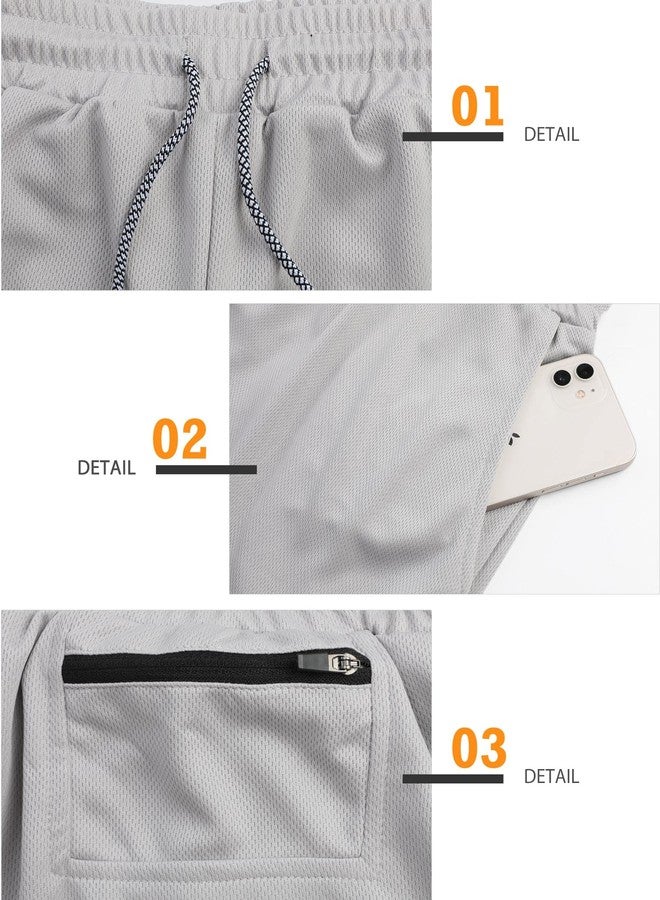 Surenow شورت رياضي رجالي من Surenow، سريع الجفاف، مناسب للتمارين الرياضية، تصميم 2 في 1، طول 5 بوصات، مناسب للجري والتمارين الرياضية، مزود بجيب للهاتف، لون رمادي فاتح - Image 4